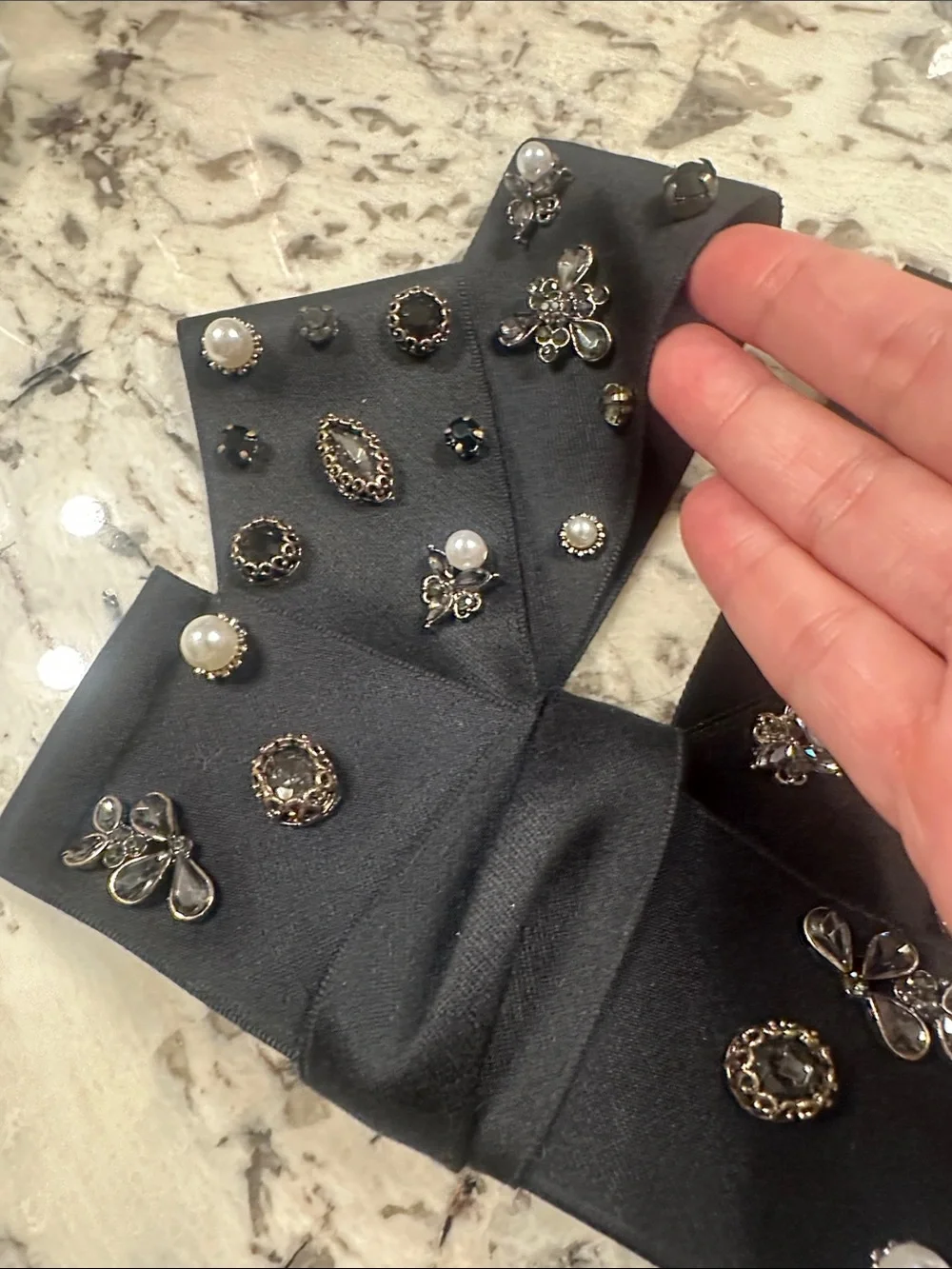Saks Fifth Avenue Black Bow Hair Clip with Pearl & Crystal Accents